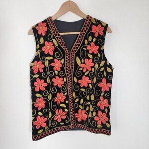 Women's Vest Velvet Embordered Hippie Boho Festival Floral Retro Open Vest M